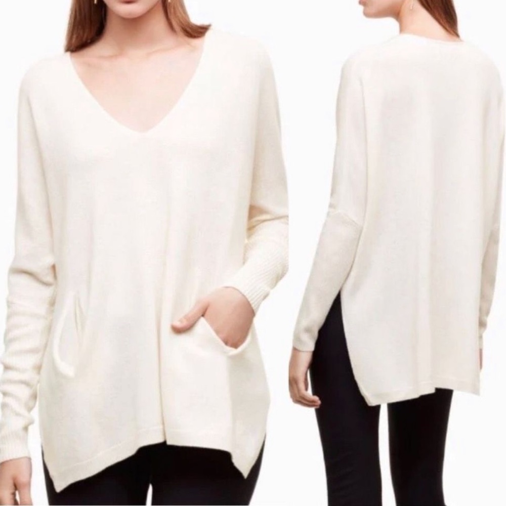 ARITZIA BABATON Cream Wool/Linen Blend Boxy Pocketed V-Neck Sweater Sz S/M
